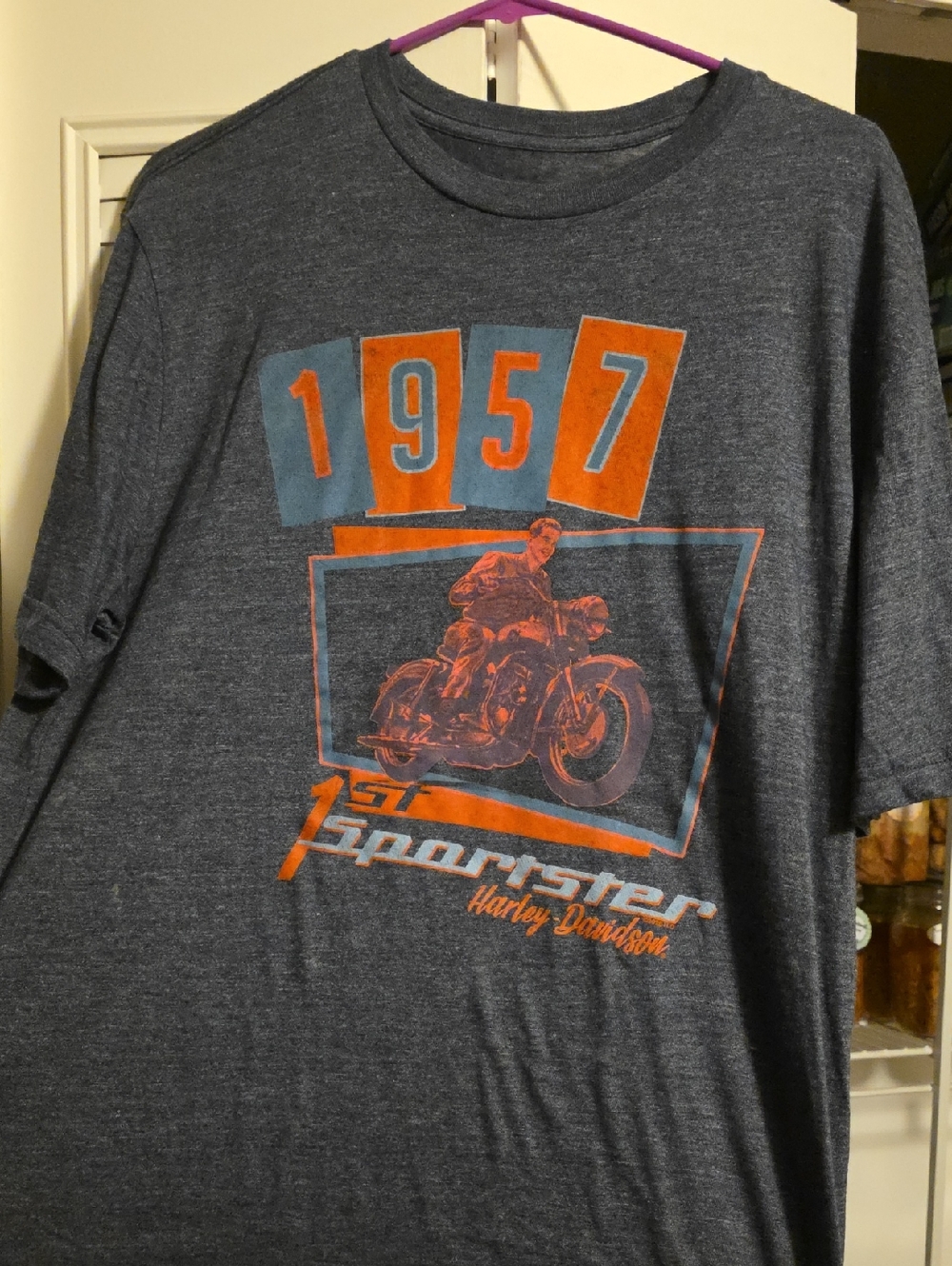 Harley-Davidson Charcoal Tee with Orange and Blue 1957 Sportster Graphic